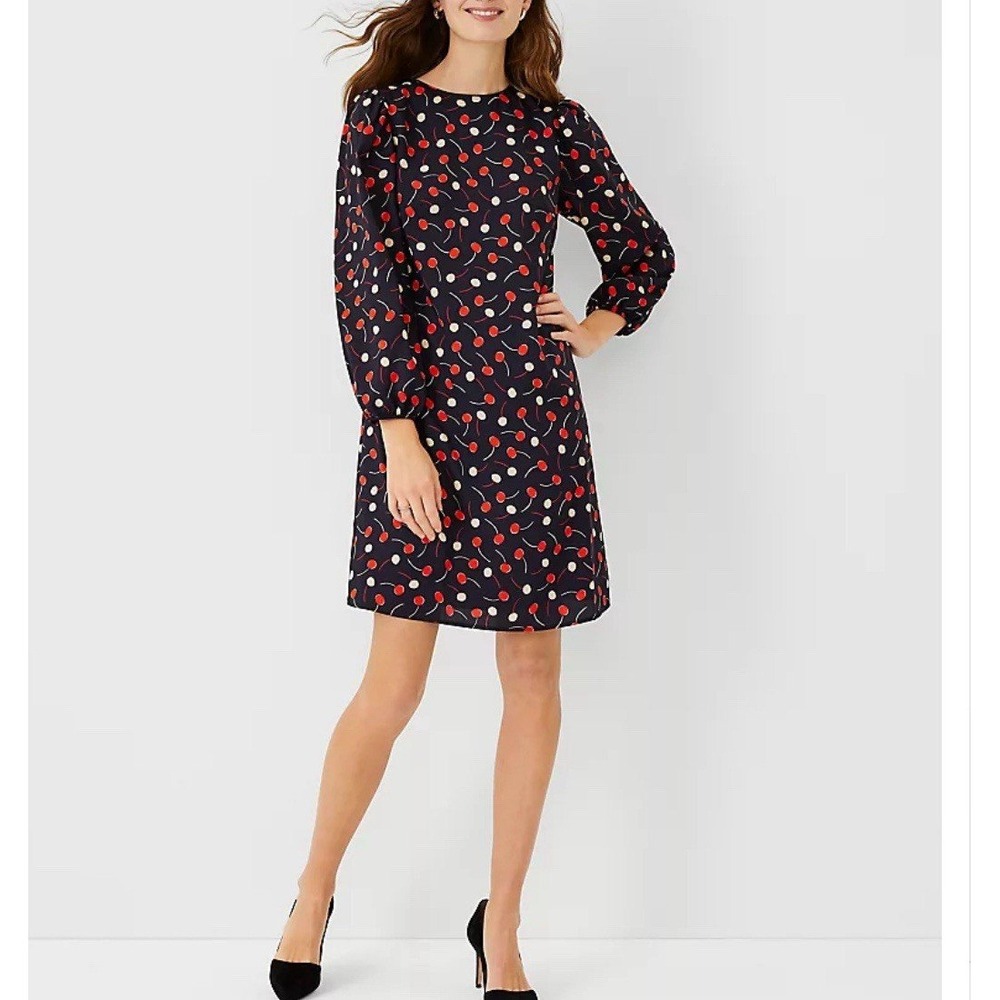 Ann Taylor Cherry Print Dress sz 6 Navy Blue Puff Sleeve Shift Office Chic Pinup